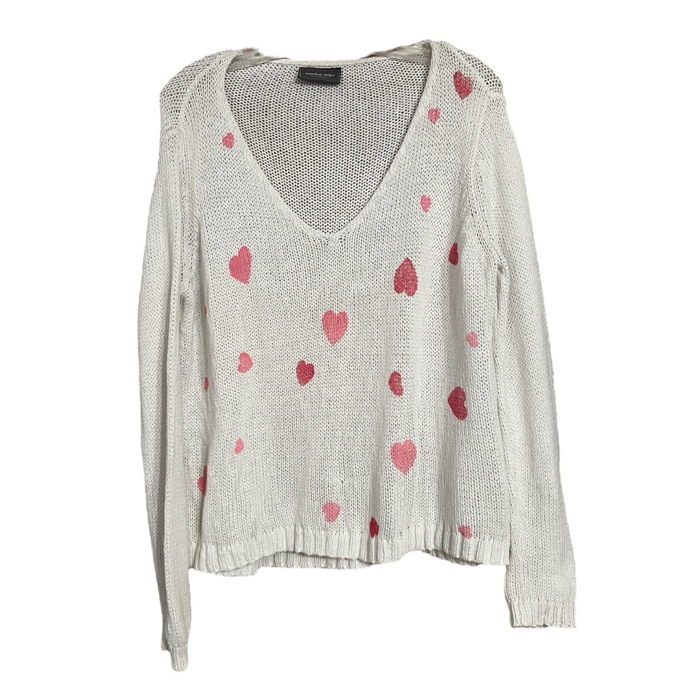 Anthro Wooden Ships Hand knit White V Neck Sweater Pink Hearts Sz S/M EUC